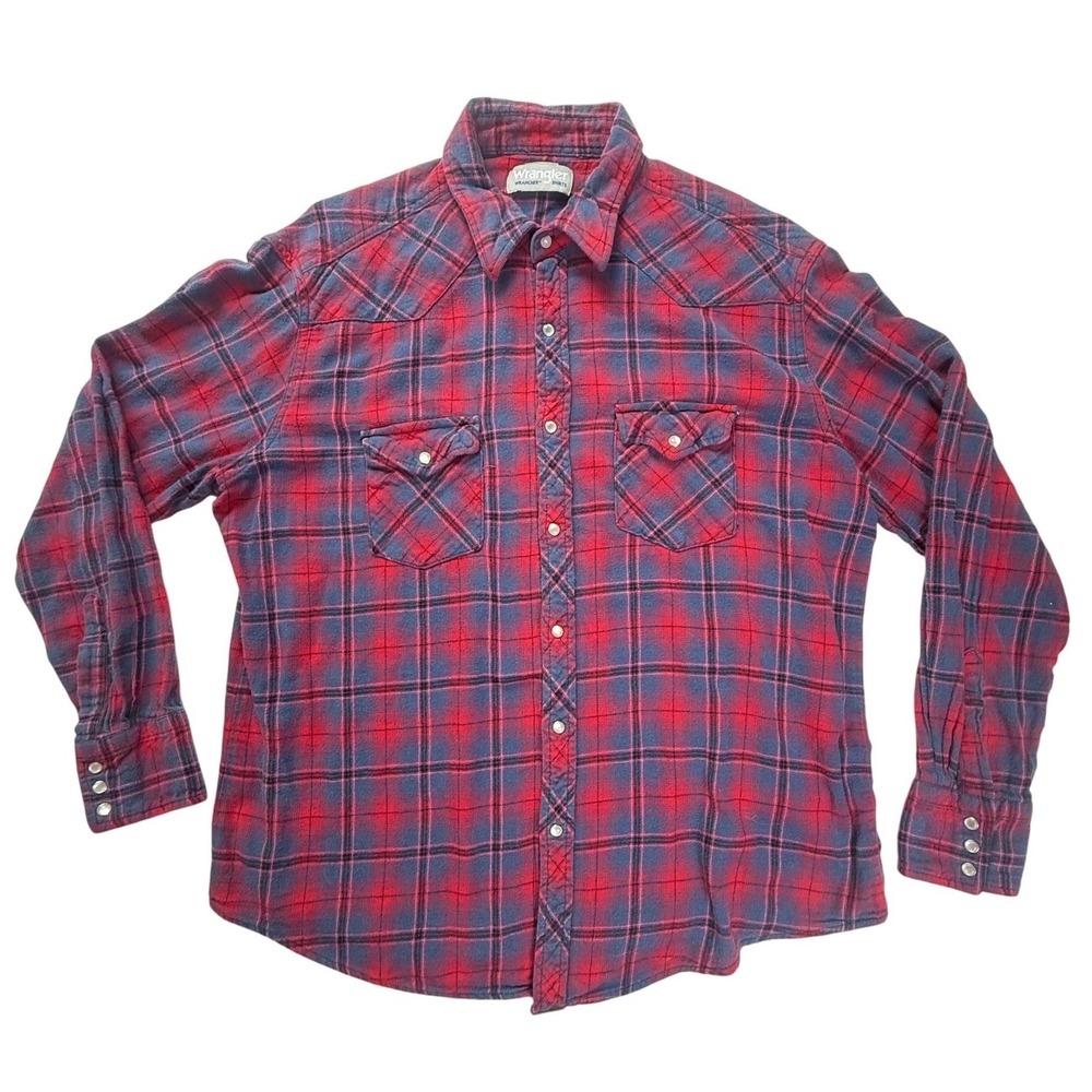 Wrangler Wrancher Shirts Mens Red Blue Plaid Western Flannel Pearl Snap Large